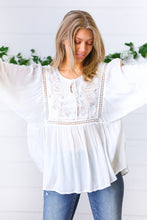 Load image into Gallery viewer, White Embroidered Tie String Peasant Top