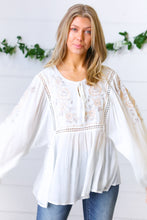 Load image into Gallery viewer, White Embroidered Tie String Peasant Top