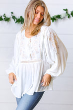 Load image into Gallery viewer, White Embroidered Tie String Peasant Top