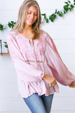 Load image into Gallery viewer, Blush Embroidered Tie String Peasant Top