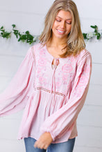 Load image into Gallery viewer, Blush Embroidered Tie String Peasant Top