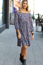 Load image into Gallery viewer, Lovely In Navy Floral Stripe Babydoll Ruffle Pocketed Dress