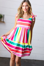 Load image into Gallery viewer, Multicolor Stripe Shoulder Tie Knot Ruffle Hem Dress