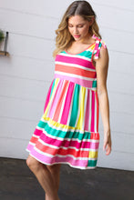 Load image into Gallery viewer, Multicolor Stripe Shoulder Tie Knot Ruffle Hem Dress