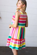 Load image into Gallery viewer, Multicolor Stripe Shoulder Tie Knot Ruffle Hem Dress