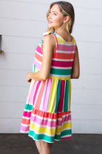 Load image into Gallery viewer, Multicolor Stripe Shoulder Tie Knot Ruffle Hem Dress
