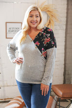 Load image into Gallery viewer, Grey &amp; Black Floral Surplice Button Knit Top