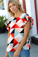 Load image into Gallery viewer, Ivory &amp; Burnt Orange Geo Print Smocked Ruffle Frill Sleeve Top