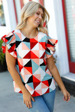Load image into Gallery viewer, Ivory &amp; Burnt Orange Geo Print Smocked Ruffle Frill Sleeve Top