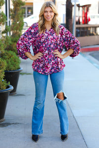 Purple Floral Print V Neck Woven Top