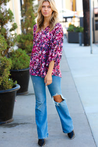 Purple Floral Print V Neck Woven Top