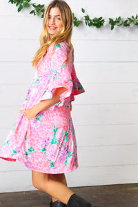 Pink Floral & Animal Print Bell Sleeve Dress