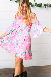 Pink Floral & Animal Print Bell Sleeve Dress
