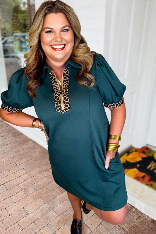 PLUS Size Sea Green Leopard Trim Quarter Zip Dress