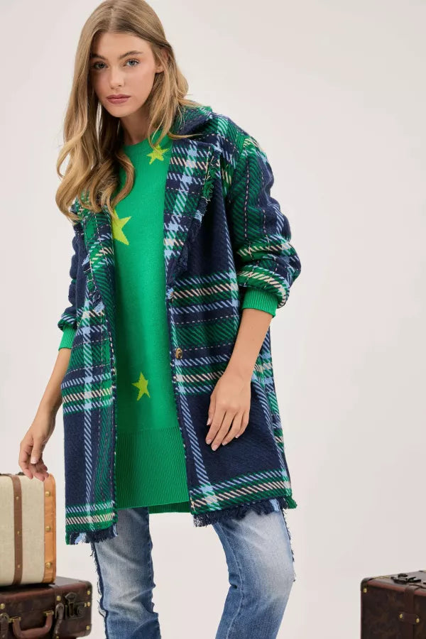 PLUS MULTI JACQUARD PLAID FRINGE HEM COAT