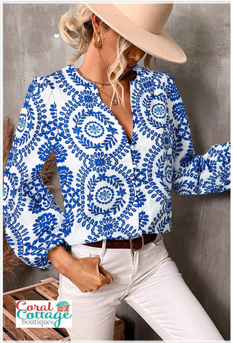 Long Sleeve Blue Patterned Top