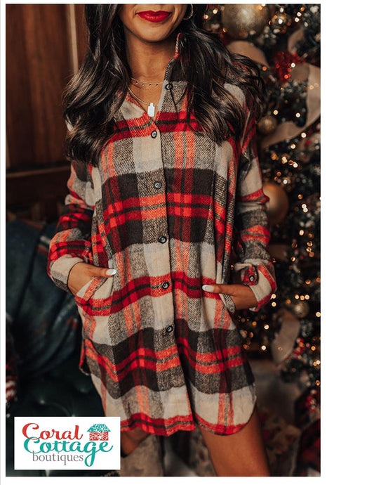 Red Plaid Button Front Shacket