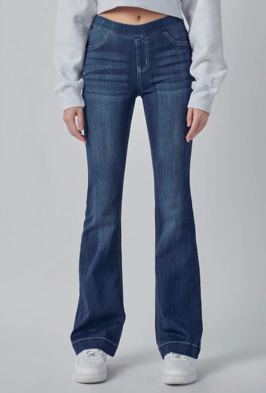 Mid Rise Dark Wash Pull On Flare Leg Jeans