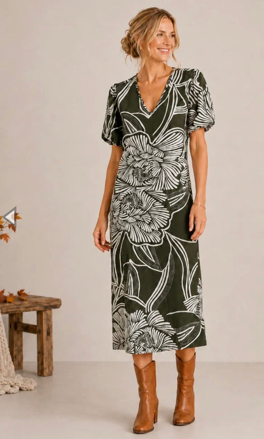 V-Neck Fall Floral Dress