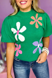 Green Floral Short Sleeve Sweater