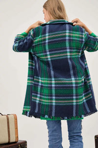 PLUS MULTI JACQUARD PLAID FRINGE HEM COAT