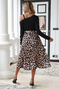 Black Asymmetric Shoulder Leopard Belted Dress