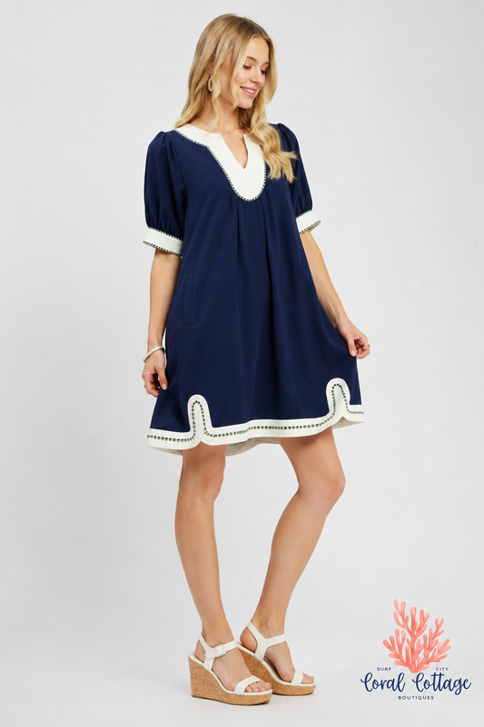 Linen Contrast Trim Navy Dress
