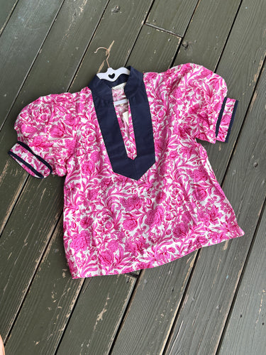 Pink V-Neck Top with Navy Piping