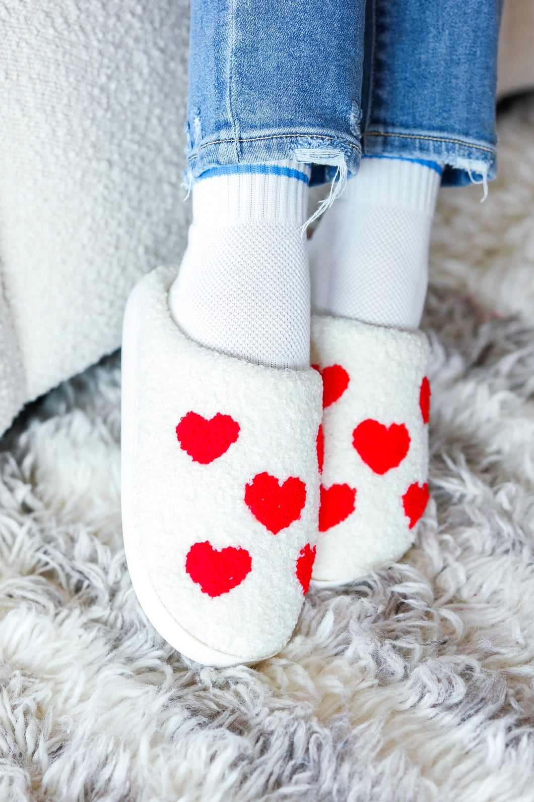Valentines Heart Print Fleece Slippers