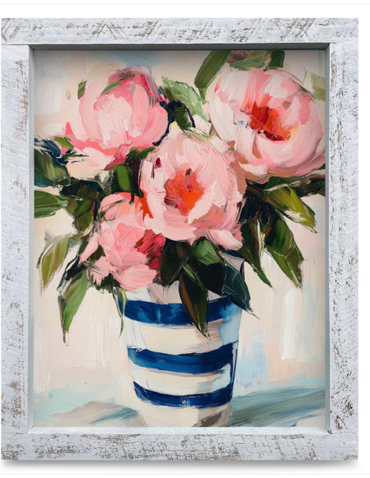 Pink Flowers Navy Stripes Artwork