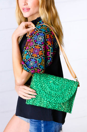 Emerald Woven Raffia Flap Closure Clutch Bag