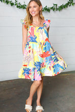 Load image into Gallery viewer, Yellow Tropical Print Ruffle Lined Drawstring Dress