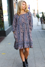 Load image into Gallery viewer, Lovely In Navy Floral Stripe Babydoll Ruffle Pocketed Dress