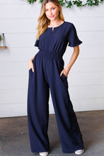 Load image into Gallery viewer, Dark Blue Smocked Waist Notch Neck Crepe Jumpsuit
