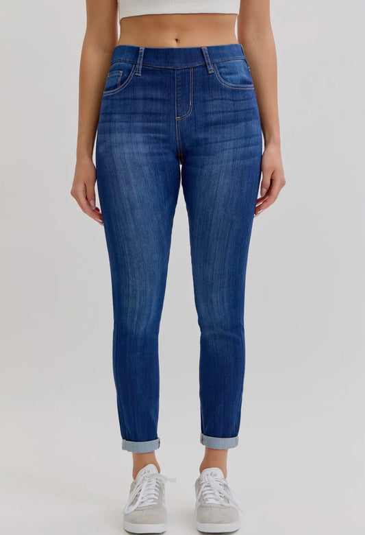 Mid Rise Dark Pull On Skinny Jeans