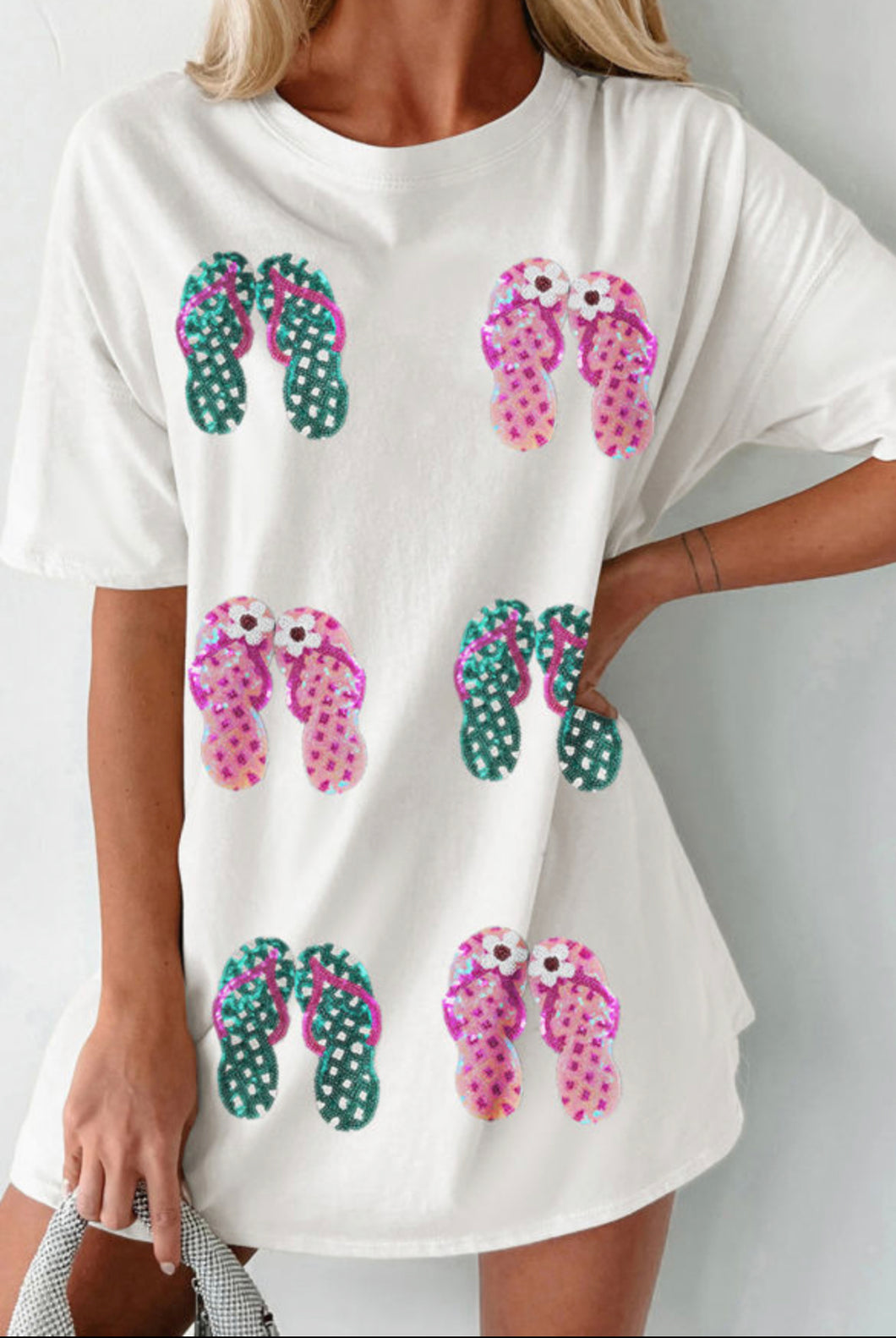 White Sequin Flip Flop T-Shirt