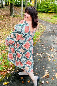 Join Me Later Rust/Teal Boho Smocked Woven Midi Dress