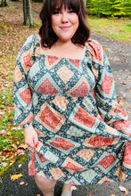 Load image into Gallery viewer, Join Me Later Rust/Teal Boho Smocked Woven Midi Dress