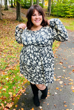 Load image into Gallery viewer, Just Be You Charcoal Blue Floral Long Sleeve Babydoll Dress