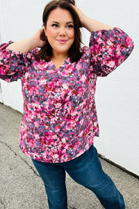Purple Floral Print V Neck Woven Top