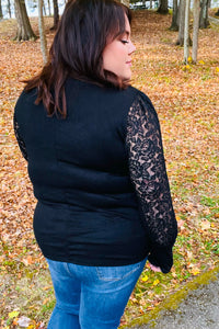 Black Hacci Floral Lace Bubble Sleeve Top