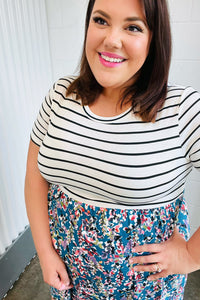 Dark Teal Two-Fer Stripe & Floral Color Block Dress