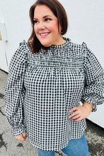 Load image into Gallery viewer, Black Gingham Shirred Yoke Mock Neck Frilled Top