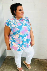 Powder Blue & Lavender Double Flutter Sleeve Mock Neck Top