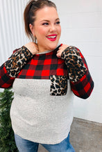 Load image into Gallery viewer, All Of Me Grey &amp; Red Plaid Animal Print Pocketed Top