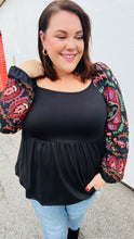 Load image into Gallery viewer, Black Square Neck Dueling Dreams Border Print Blouse