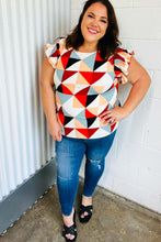 Load image into Gallery viewer, Ivory &amp; Burnt Orange Geo Print Smocked Ruffle Frill Sleeve Top