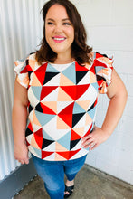 Load image into Gallery viewer, Ivory &amp; Burnt Orange Geo Print Smocked Ruffle Frill Sleeve Top