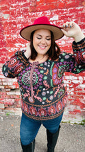 Load image into Gallery viewer, Take The Leap Black &amp; Mauve Border Print Boho Tie Top