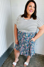Load image into Gallery viewer, Dark Teal Two-Fer Stripe &amp; Floral Color Block Dress